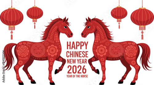 Chinese New Year 2026 Illustration with Red Horses, Lanterns, and Festive Typography