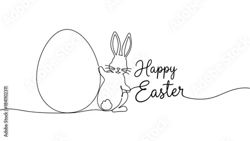 Continuous Art of a Happy Easter Bunny with a Large Egg and Text