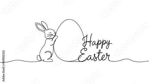 Happy Easter greeting with a bunny holding an egg in continuous art style