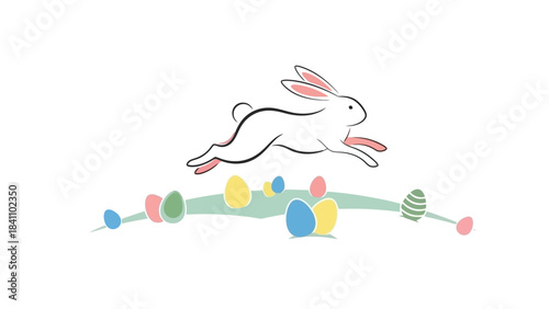 White Easter Bunny Hopping Over Colorful Eggs on Green Ground with White Background