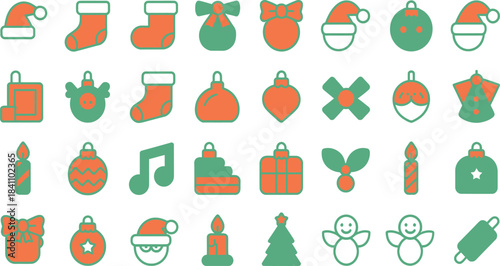 36 Flat Christmas Icons Grid Featuring Santa, Trees, Gifts, and Festive Elements