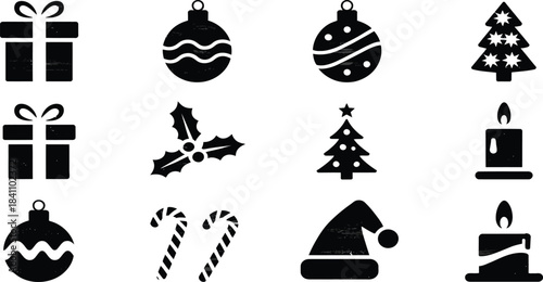 Minimalist Black Silhouette Christmas Icon Set Featuring Gifts, Tree, and Santa Hat