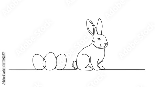 Easter Bunny and Eggs Continuous Drawing on White Background, Minimalist Art