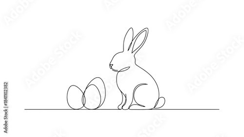 Continuous drawing of a cute Easter bunny sitting next to decorated eggs on a white background