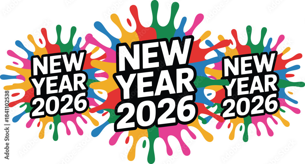 Obraz premium 2026 New Year Celebration Graphic with Bold White Text and Vibrant Color Splashes