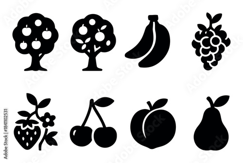 Assorted fruit in silhouette apple tree banana