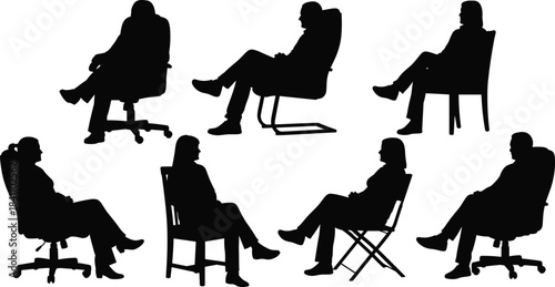 Silhouettes of seated individuals in various chairs and relaxed postures, ideal for ergonomics, design, behavior, and social themes