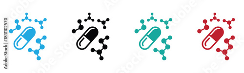 Pill capsule with molecular structure icons set. Logo open medical capsule. Multi Vitamin complex icons about  natural vitamins and supplements. Healthy eating concept.