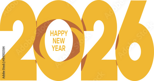 2026 Happy New Year Graphic with Bold Golden Numbers and Circular Text Design
