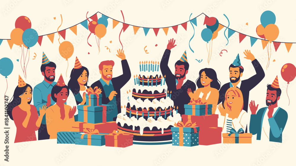 Naklejka premium Vibrant Illustration of a Diverse Group of Happy Friends Celebrating a Joyful Birthday Party with a Large Cake, Gifts, Balloons, and Banners
