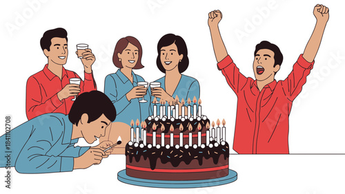 Vibrant illustration of friends having a happy birthday party, lighting candles on a chocolate cake