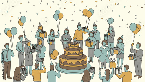 Diverse group of people celebrating a festive birthday party indoors with a large tiered cake, gifts, and balloons under falling confetti