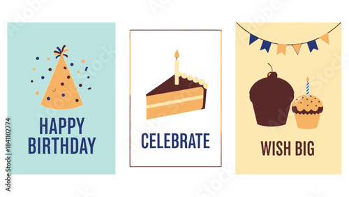 Cheerful set of birthday and celebration illustrations: party hats, cakes, and cupcakes for festive occasions.