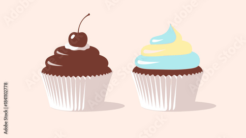 Vibrant digital illustration of two delightful frosted cupcakes, one with a cherry, presented on a light background