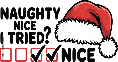 Festive Cartoon Graphic with Santa Hat, Naughty or Nice Text, and Approval Checkmark