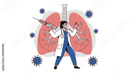 Medical professional with syringe protecting human lungs from virus, essential healthcare illustration