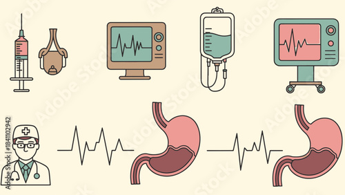 Medical Monitoring and Anatomy Vector Set – Heart Rate, IV Drip, Doctor, and Stomach Illustration