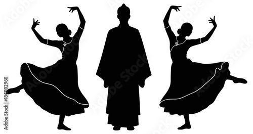 Cultural dance silhouette illustration with central ceremonial figure and two dynamic dancers, black and white expressive composition