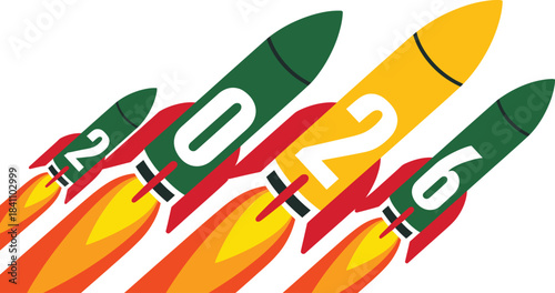 Stylized Diagonal Rockets Illustration with Bold 2026 Numbers and Vibrant Flames