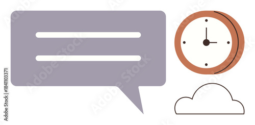 Speech bubble for conversation, clock symbolizing time, and cloud representing online storage. Ideal for communication, time tracking, productivity, cloud computing, collaboration, technology