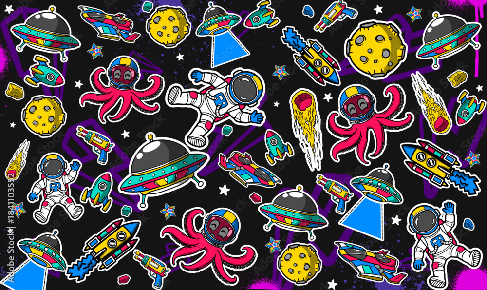 Naklejka premium Space background vector illustration in a graffiti style. Colorful pace theme pattern