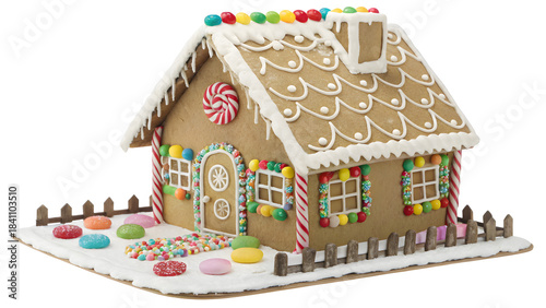 Gingerbread House Decorated with Icing and Candies – Festive Holiday Dessert PNG