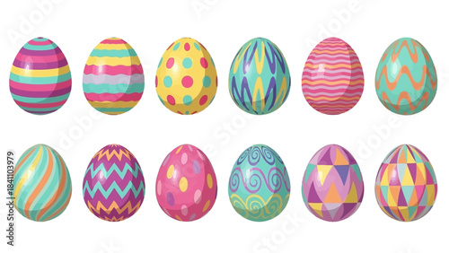 Collection of Twelve Brightly Colored Decorative Easter Eggs with Various Patterns