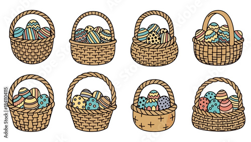 Collection of eight hand-drawn Easter baskets filled with colorful decorated eggs