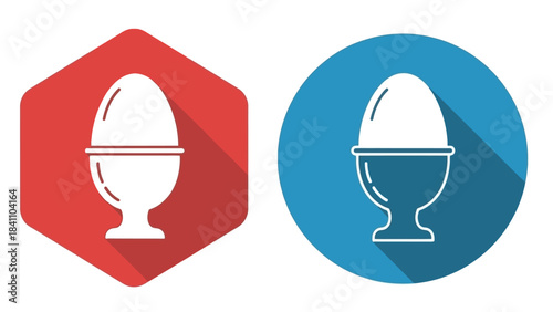 Set of two vector icons: boiled egg in a cup, red hexagon and blue circle