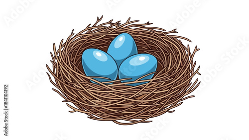 Cute Blue Eggs in a Twig Bird Nest with a White Background