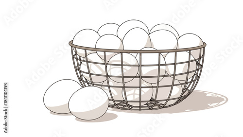 Basket of Fresh White Eggs and Two Eggs on Vector Illustration