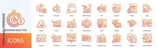 Business analytics icon collection set. Containing Process, Productivity, Secure, Market Analysis, Time, Operation icon