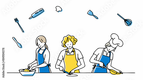 Three women cooking with various kitchen utensils floating above them in a simple line drawing style