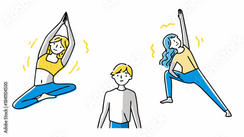 Illustration showing two women in yoga poses and a man standing in the center of the image space