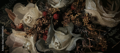 Dark moody floral background. Gothic style oil painting of withered white roses. Elegant renaissance style flower illustration for luxury packaging and wall art. Vintage watercolor art
