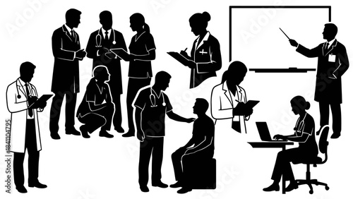 Medical Team Collaboration Illustration: Cartoon Scene of Healthcare Professionals in Training and Patient Care for Hospital UI and Clinical Communication Visual Storytelling