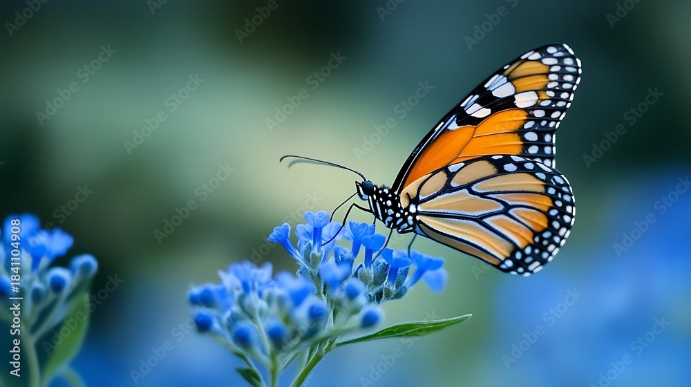 Obraz premium A beautiful orange Monarch butterfly with colorful wings rests on a yellow flower in a summer garden meadow