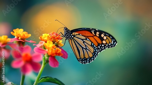 Fototapeta Naklejka Na Ścianę i Meble -  A beautiful orange Monarch butterfly with colorful wings rests on a yellow flower in a summer garden meadow