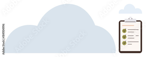 Large cloud and clipboard with checklist indicate cloud data storage, task completion, goal tracking, and digital organization. Ideal for productivity, technology, workflow, data management, progress