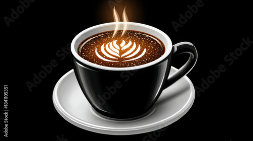 A detailed, stylized illustration of a steaming hot coffee cup with elegant latte art in a black ceramic mug and saucer, set against a dramatic black background.