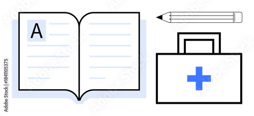 Education, healthcare, study materials, medical assistance, learning resources, conceptual design. Open book with pencil, medical briefcase a cross. Education and healthcare concept