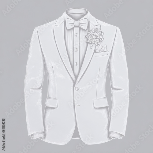 Elegant hand-drawn sketch of a groom's tuxedo with boutonniere, bow tie, and classic details, evoking sophistication on a simple gray background for wedding themes.