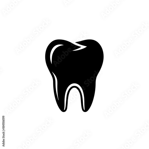 Dental health icon: A single clean human tooth, brush, and root anatomy illustration on a white background, symbolizing hygiene and care