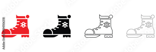 Christmas shoe icon vector set, shoe with lace vector silhouette and line art