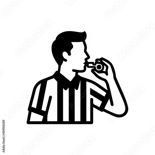 Referee's Call: An illustration of a sports referee, embodying fairness and the rules of the game, poised with whistle, symbolizing the authority