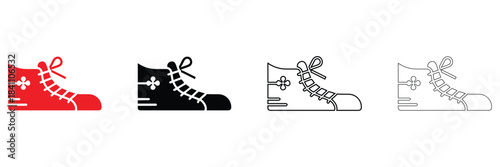 Christmas shoe icon vector set, shoe with lace vector silhouette and line art
