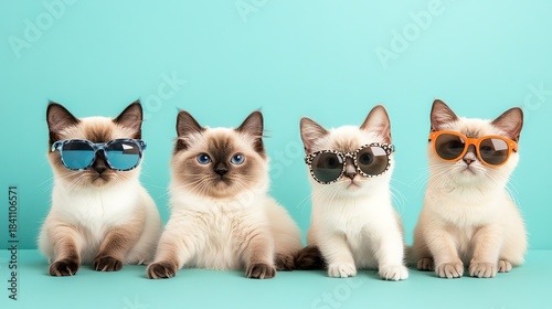 Cute kitty in shades on a solid pastel background, leaving room for a title at the top.
