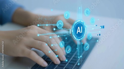 Artificial Intelligence Concept and Future of Technology. Hands typing on keyboard, holographic AI icon, digital connection, machine learning.
