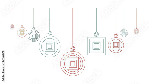 Ornamental Geometry: Geometric ornaments suspended by delicate strings, minimalist design, elegant visual for the festive holiday season.