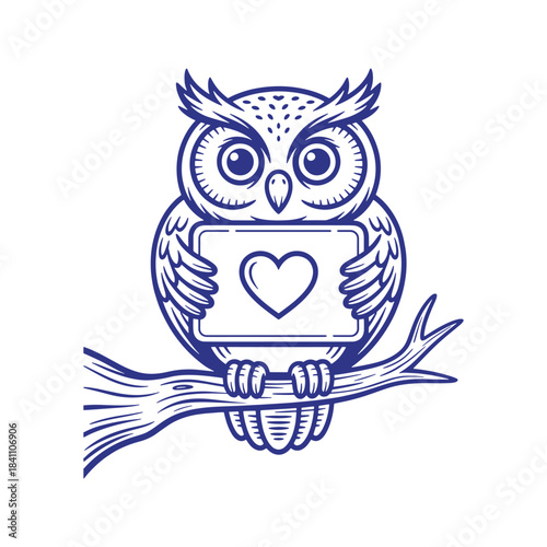 Adorable Owl with Heart Board Sitting on Tree Branch